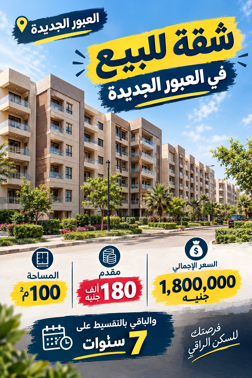 شقة للبيع 100م في مدينة العبور Obour City بمقدم 180 الف و الباقي بالتقسيط على 7 سنوات فيو مميز جدا